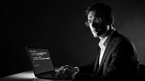 Programmer White Shadow A focused man in a dark suit and glasses types on a glowing laptop in a ...