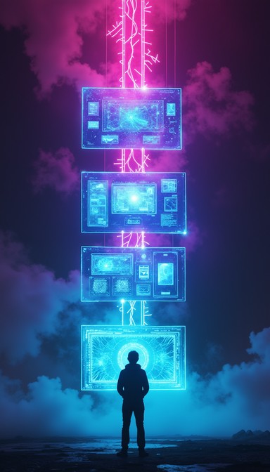 Neon Streamerr Bathed in electric blue light, a lone creator interacts with vertical ...