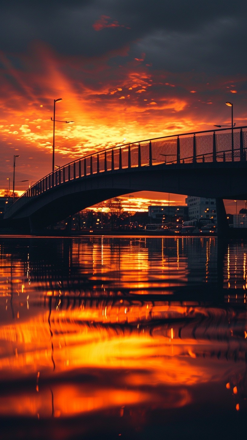 Free Fiery Sunset Reflection Image - Sunset, Reflection, Bridge ...