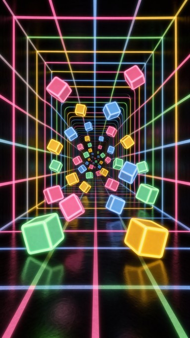 Stretch Cube A playful 3D illustration shows glowing cubes tumbling down a tall neon ...