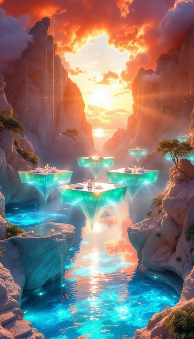 Free Floating Crystal Paradise Image - Waterfall, Crystal, Sunset ...