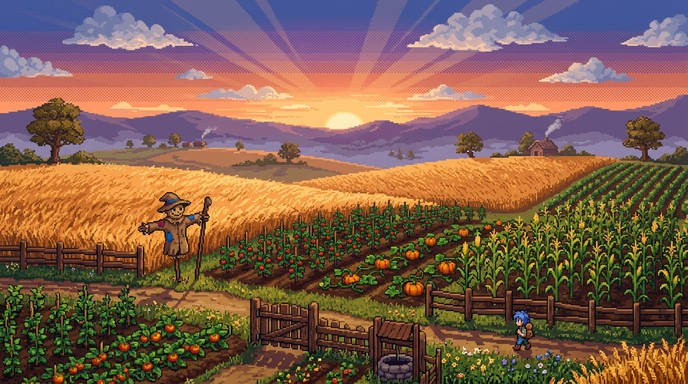 Free Pixel Farm Sunset Image - Pixel, Tractor, Farm | Download at StockCake