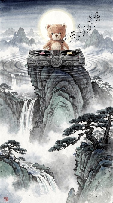 Music Note Gray Color A playful teddy bear sits atop a foggy mountain summit, working ancient ...