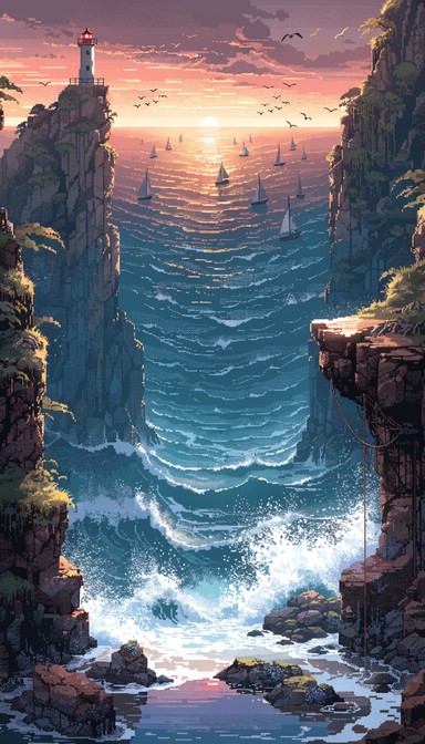 Free Pixel Ocean Sunset Image - Ocean, Pixel, Lighthouse | Download at ...
