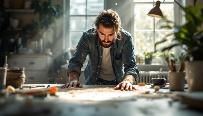 Designeur Focused designer examines plans on a wooden table bathed in warm ...