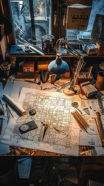 Free Architect’s Workspace Mess Image - Workspace, Blueprints ...