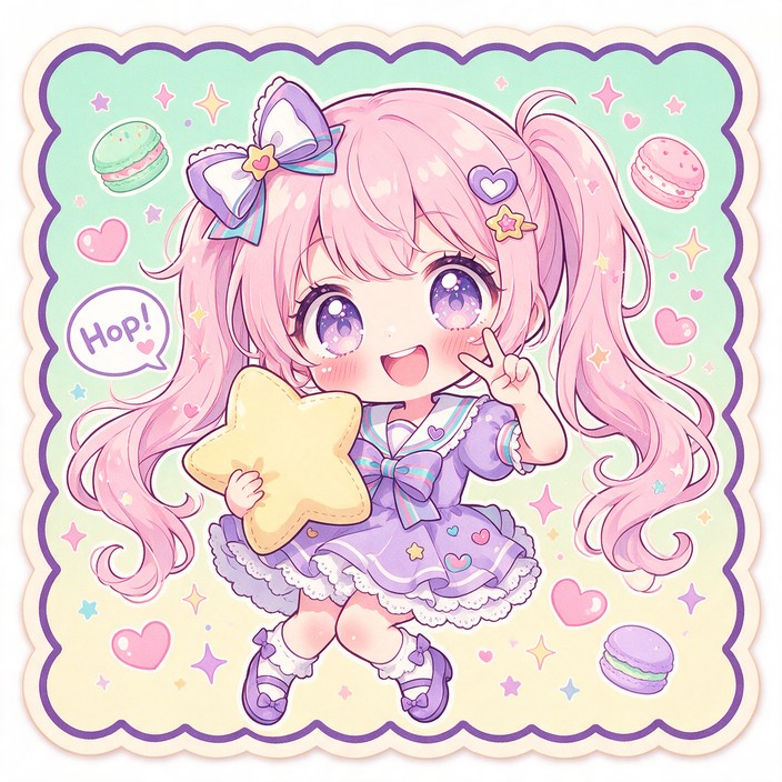 A cute kawaii anime illustration shows a chibi girl with a big head, a ...