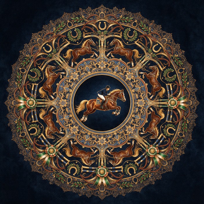 Opera Color Theme A stunning circular mandala artwork showcases a horse and rider leaping ...