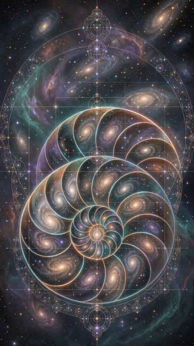Cosmic Vector Image A tall digital illustration blends a nautilus shell with the night sky ...