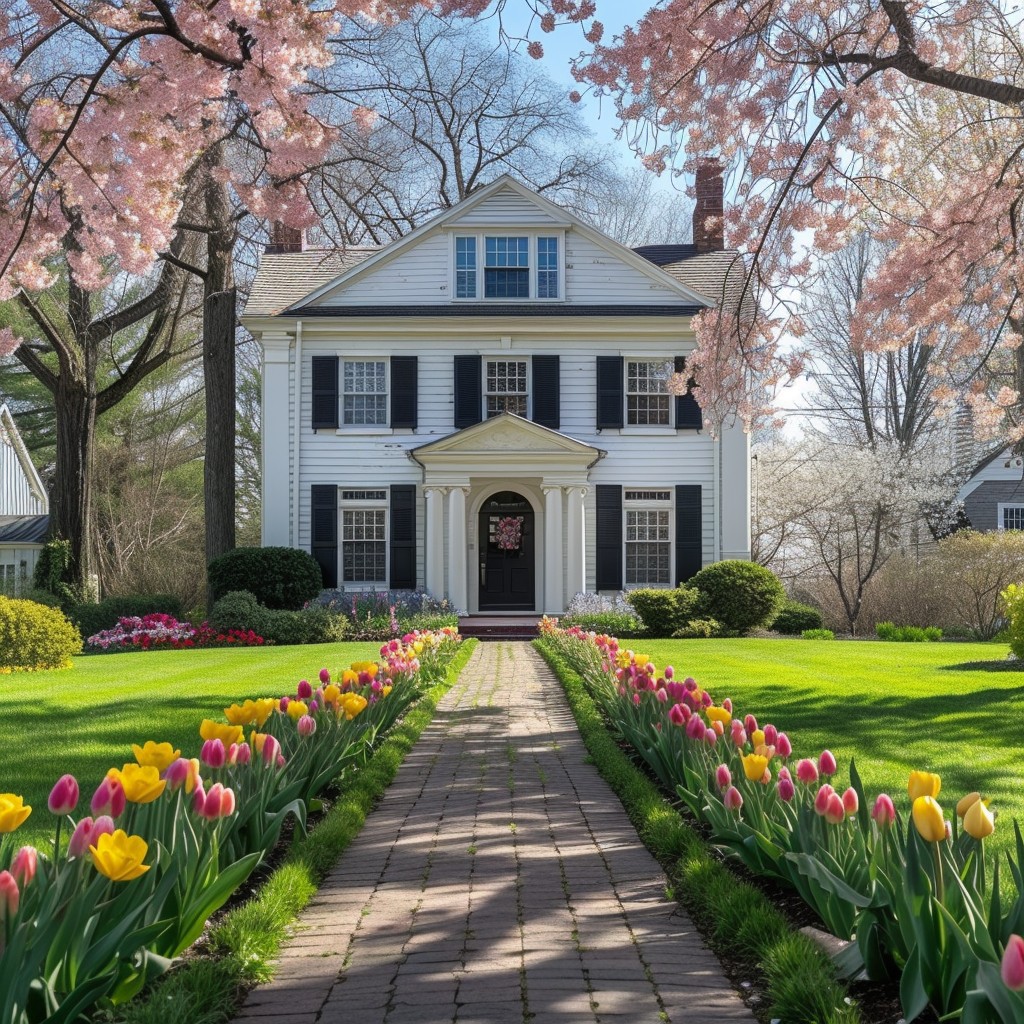 Colonial Spring Time Free Springtime Colonial Home Photo - Spring, Tulips, Cherry Blossoms ...