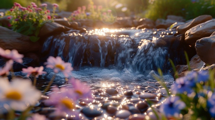 Free Tranquil Waterfall Cascade Image - Waterfall, Wildflowers, Sunrise ...