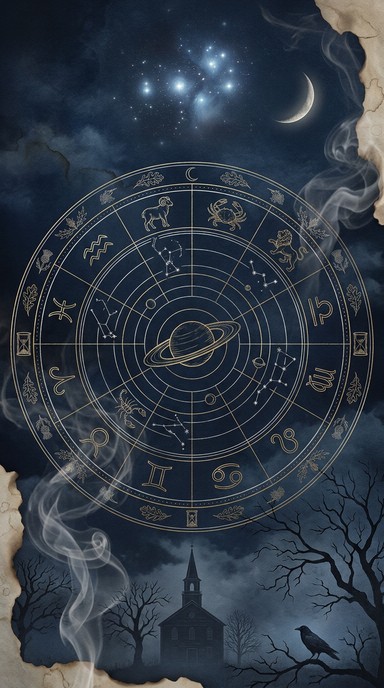 A gold and silver zodiac wheel glows in a midnight blue sky with a ...
