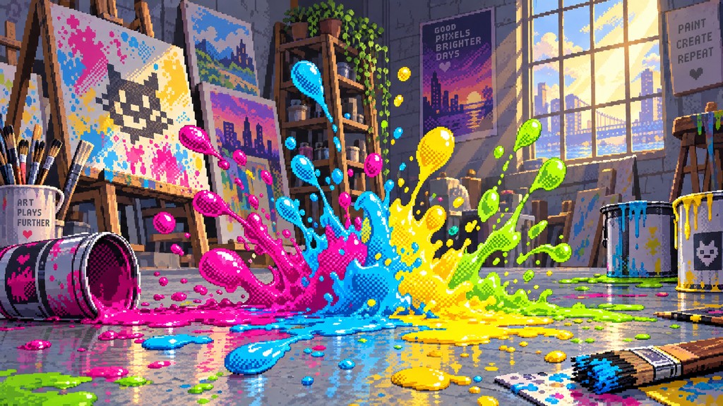 Bright magenta, cyan, yellow, and lime paint bursts across a gray art ...