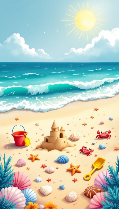 Golden sandy beach filled with treasures including patterned seashells ...