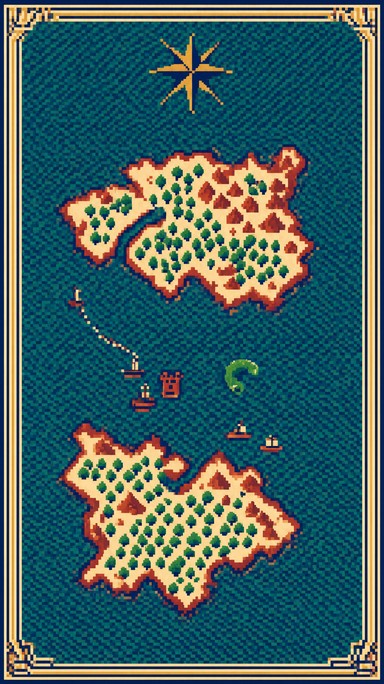 This 8-bit pixel art illustration shows a fantasy world map in a tall ...