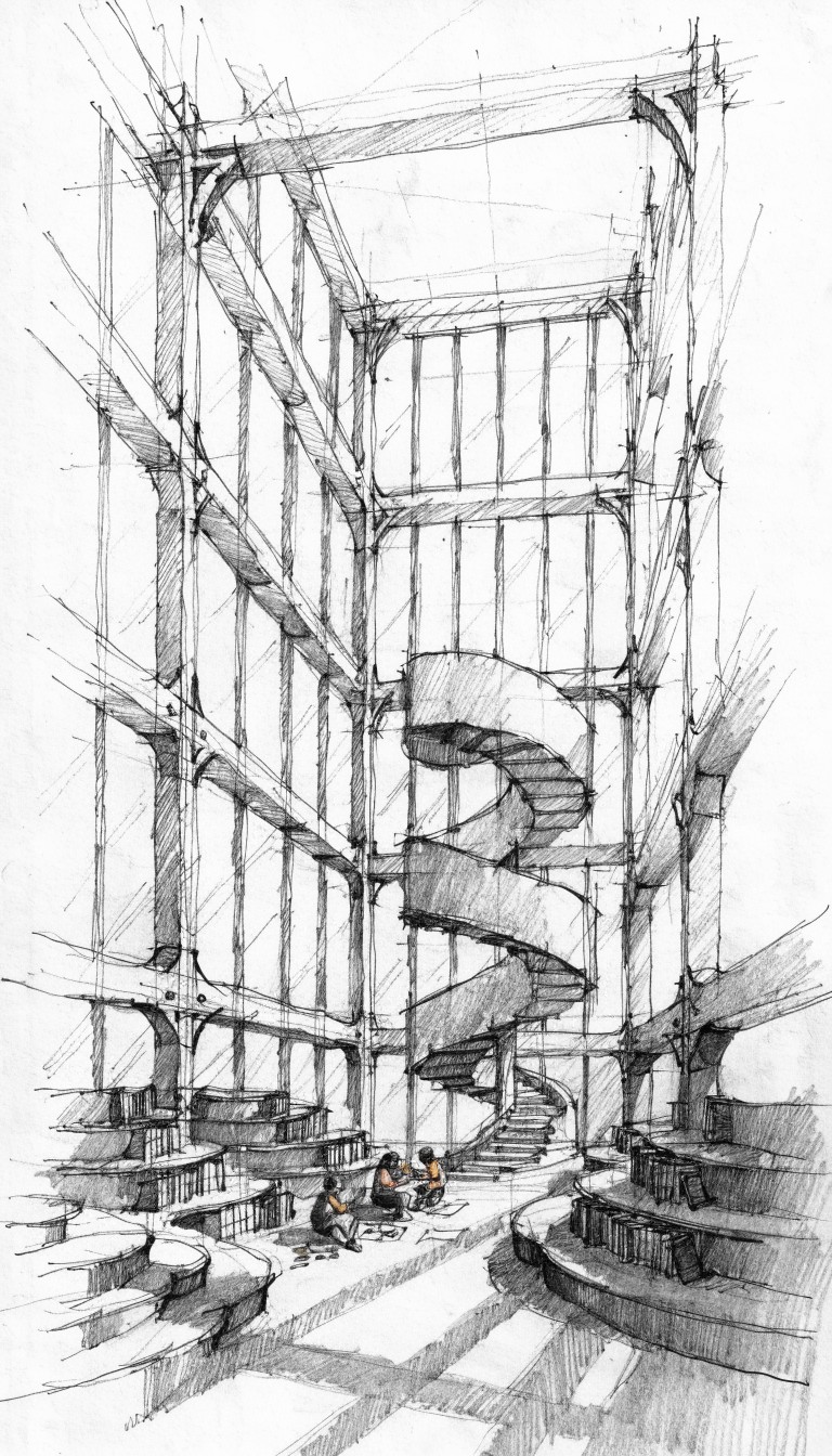 Free Library Atrium Sketch Image - Architecture, Sketch, Library ...