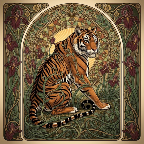 Elegant Art Nouveau tiger illustration featuring amber, emerald green ...