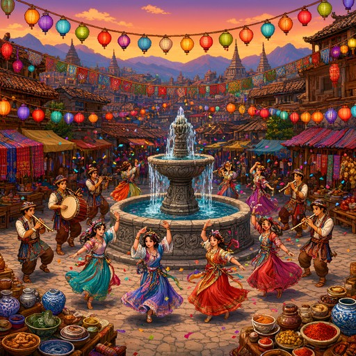 Women in bright flowing dresses dance around a stone fountain while ...