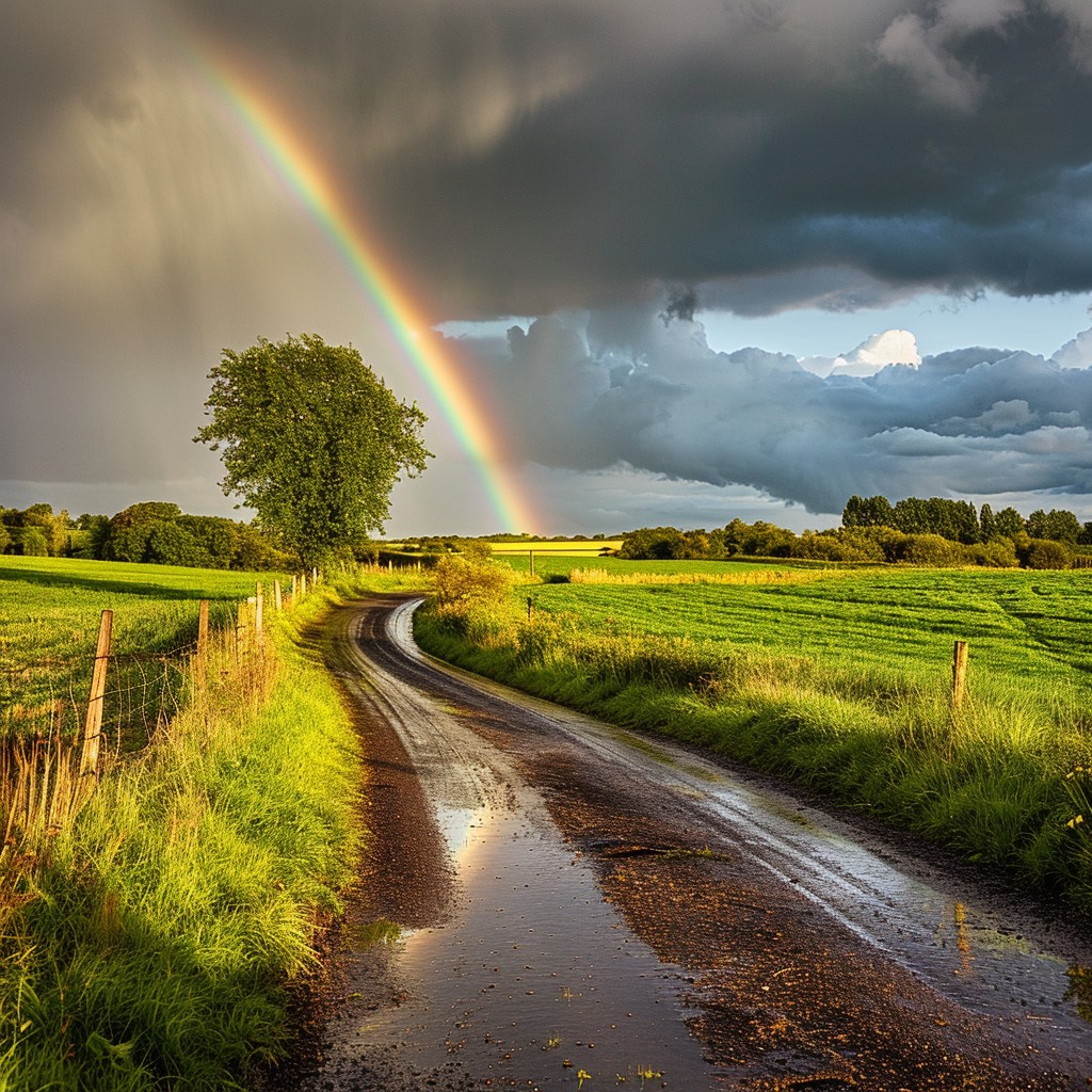 Download Rainbow After Rain Image - Rainbow, Road, Clouds | StockCake