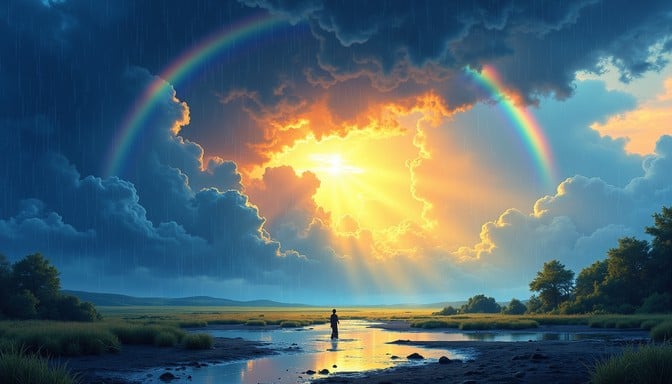 Rainbow breaking through storm clouds over a reflective landscape