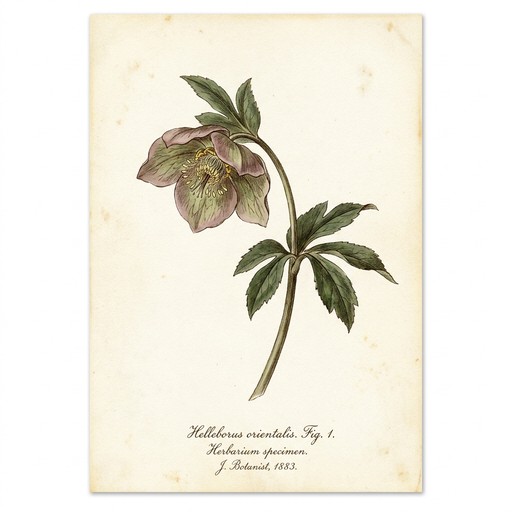 Vintage botanical illustration showcasing a solitary purple hellebore with detailed watercolor ...
