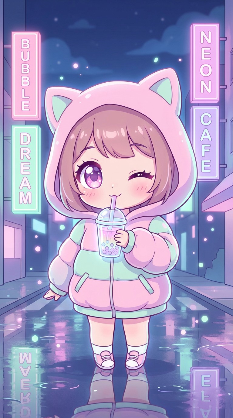 Download Neon Bubble Tea Girl Image - Chibi, Kawaii, Anime | StockCake