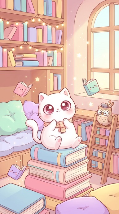 Cute Character Library Free Magical Library Dreams Image - Kawaii, Library, Cat | Download at ...
