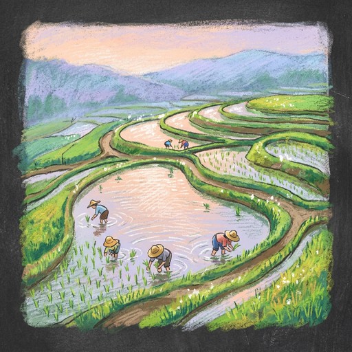 Blue Rice Farm Drawing Free Rice Fields Illustration Image - Illustration, Chalk, Crayon ...