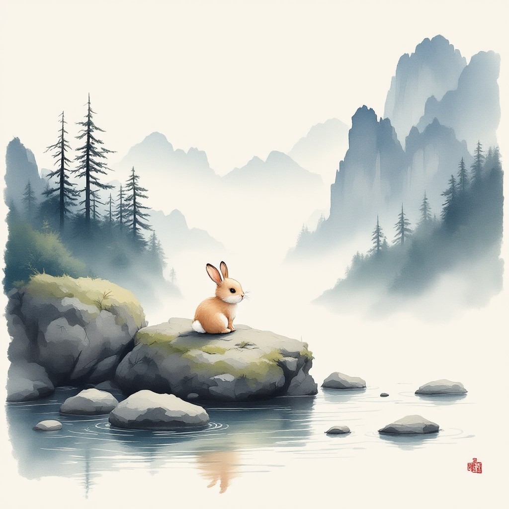 Scenery Waterfall With Rabbit Free Rabbit Mountain Serenity Image - Rabbit, Bunny, Watercolor ...